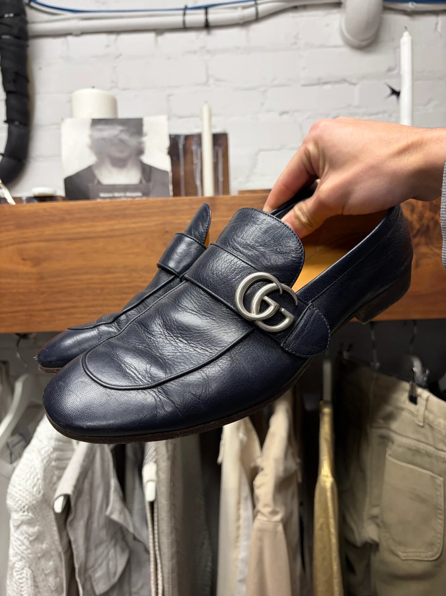 Gucci ‘Quentin’ Blue Leather Wood Sole Loafers