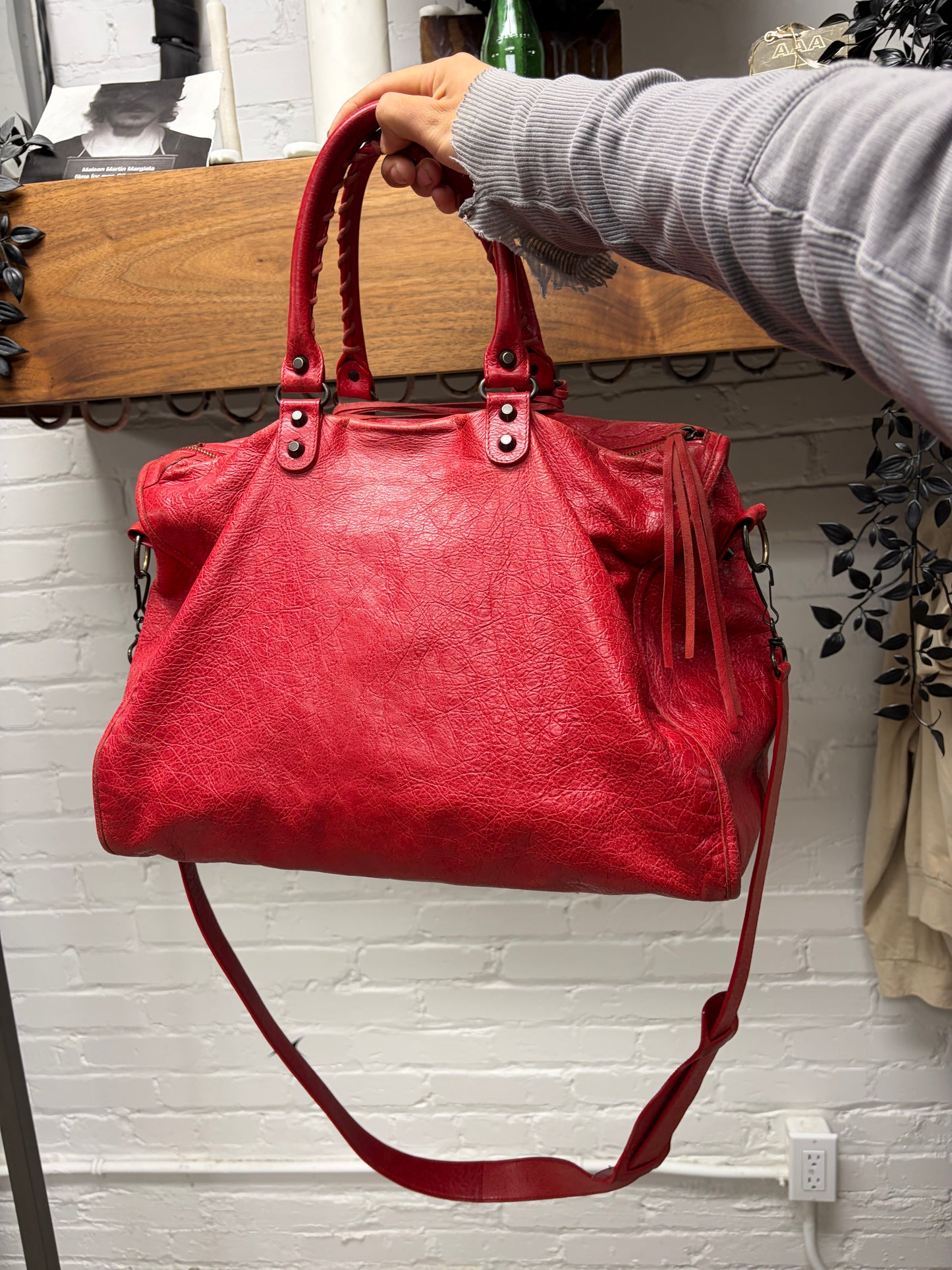 Balenciaga Red Lambskin Leather ‘XL City Bag’ with Crossbody Strap