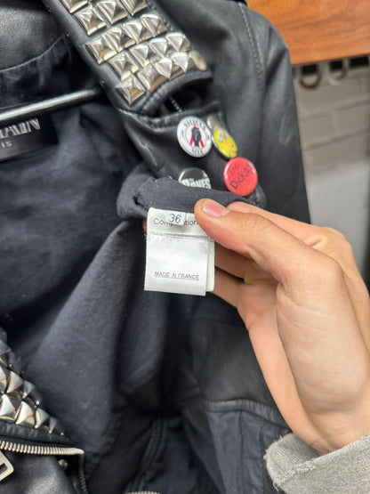 SS2011 Balmain Studded/Pin Patched Cape Back Leather Biker Jacket