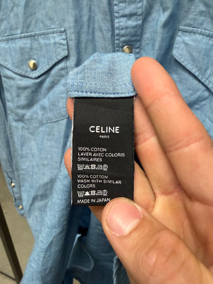 Celine Light Wash Blue Pearl Button Snap Denim Shirt