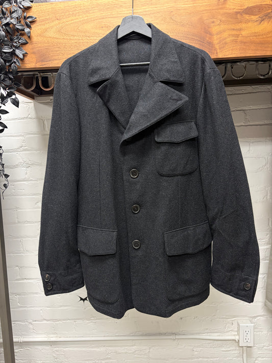 Hermes Grey Wool/Cotton ‘Leisure’ Coat with Leather Collar Underside and Pocket Trim