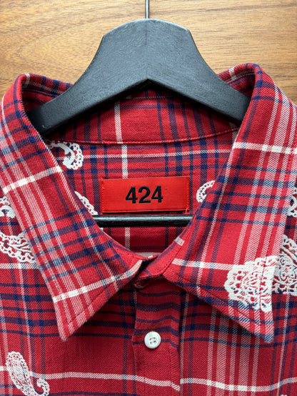 424 ‘Raw Hem’ Paisley/Plaid Red Button Up Flannel Shirt