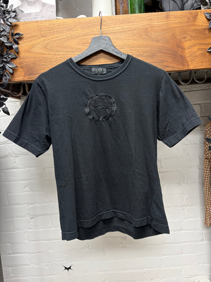 SS1997 Gucci by Tom Ford GG Interlock’ Embroidered Chest Logo Black Short Sleeve T-Shirt