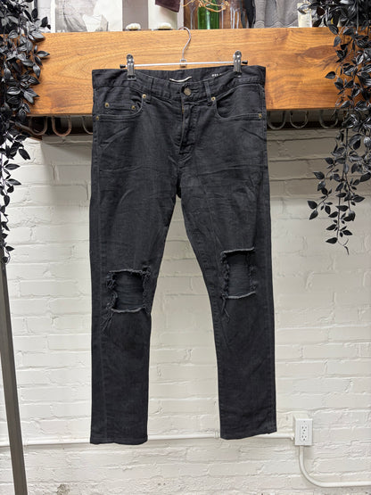 AW2014 Saint Laurent by Hedi Slimane 'DO2' Distressed Black Knee Blowout Skinny Jeans