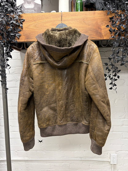 AW2006 Dolce & Gabbana Mainline Brown Rabbit Fur Lined Leather Hooded Bomber Jacket