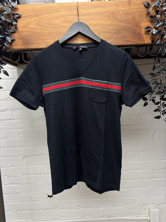 2000s Gucci ‘Striped Logo’ V-Neck Black Cotton T-Shirt