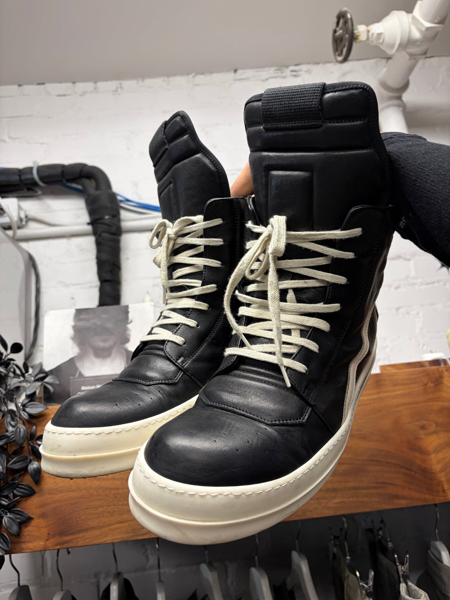 Rick Owens Black/Milk Leather ‘Geobasket’ High Top Sneakers