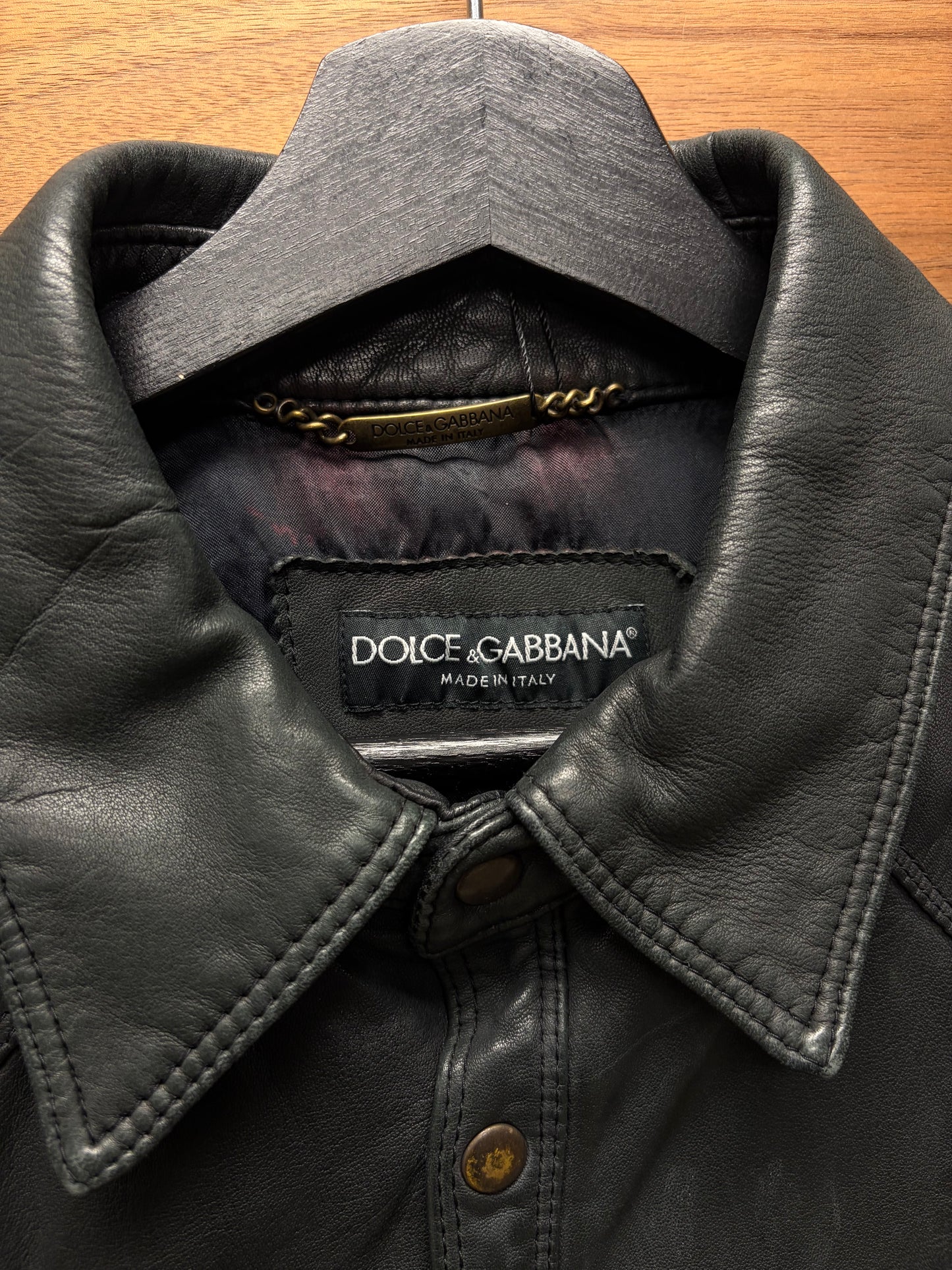 Dolce & Gabbana Black Sheepskin Button Snap Leather Shirt