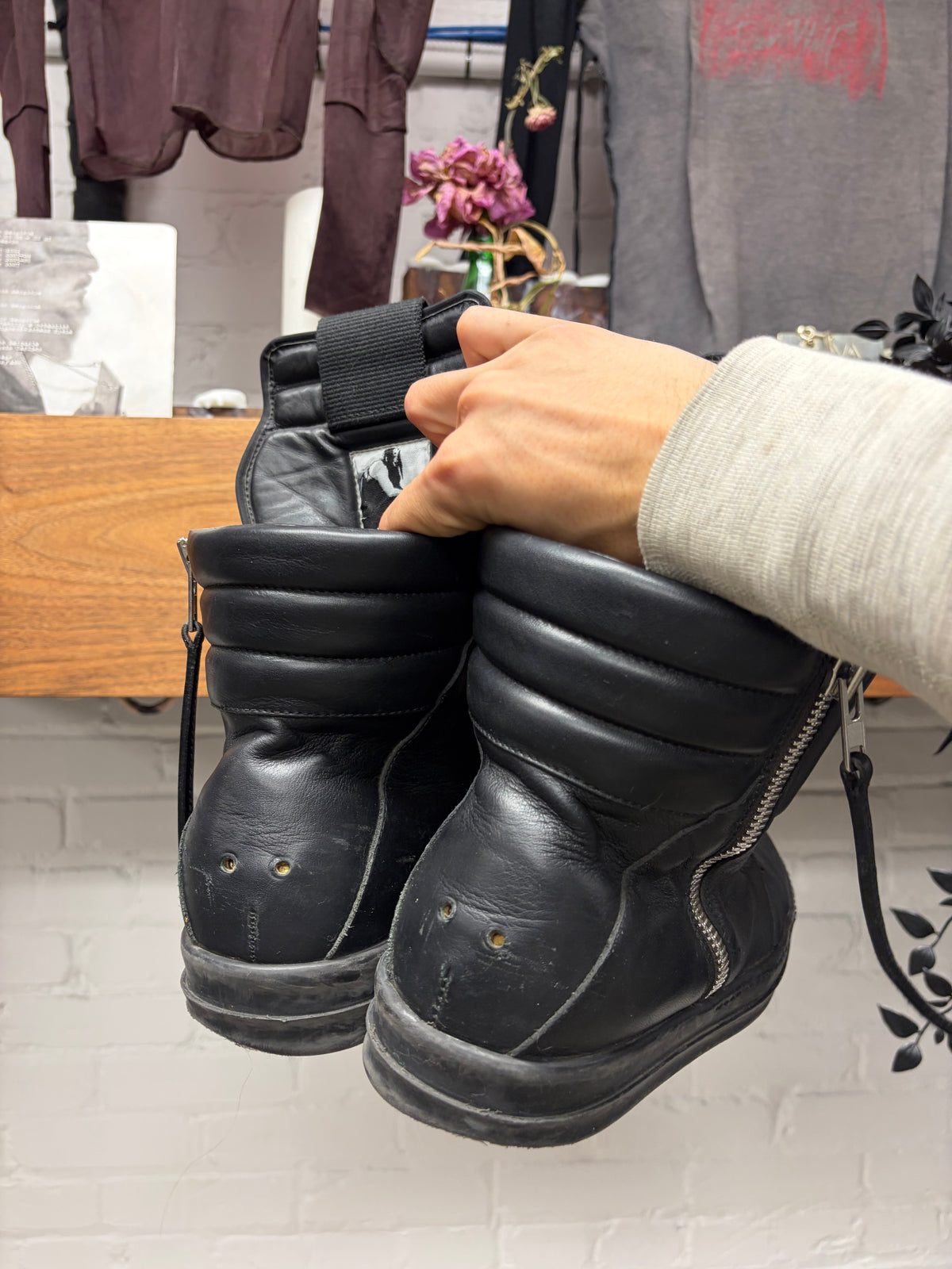 SS2016 Rick Owens ‘Cyclops’ Exposed Outside Zip ‘Geobasket’ Black Leather High Top Sneakers