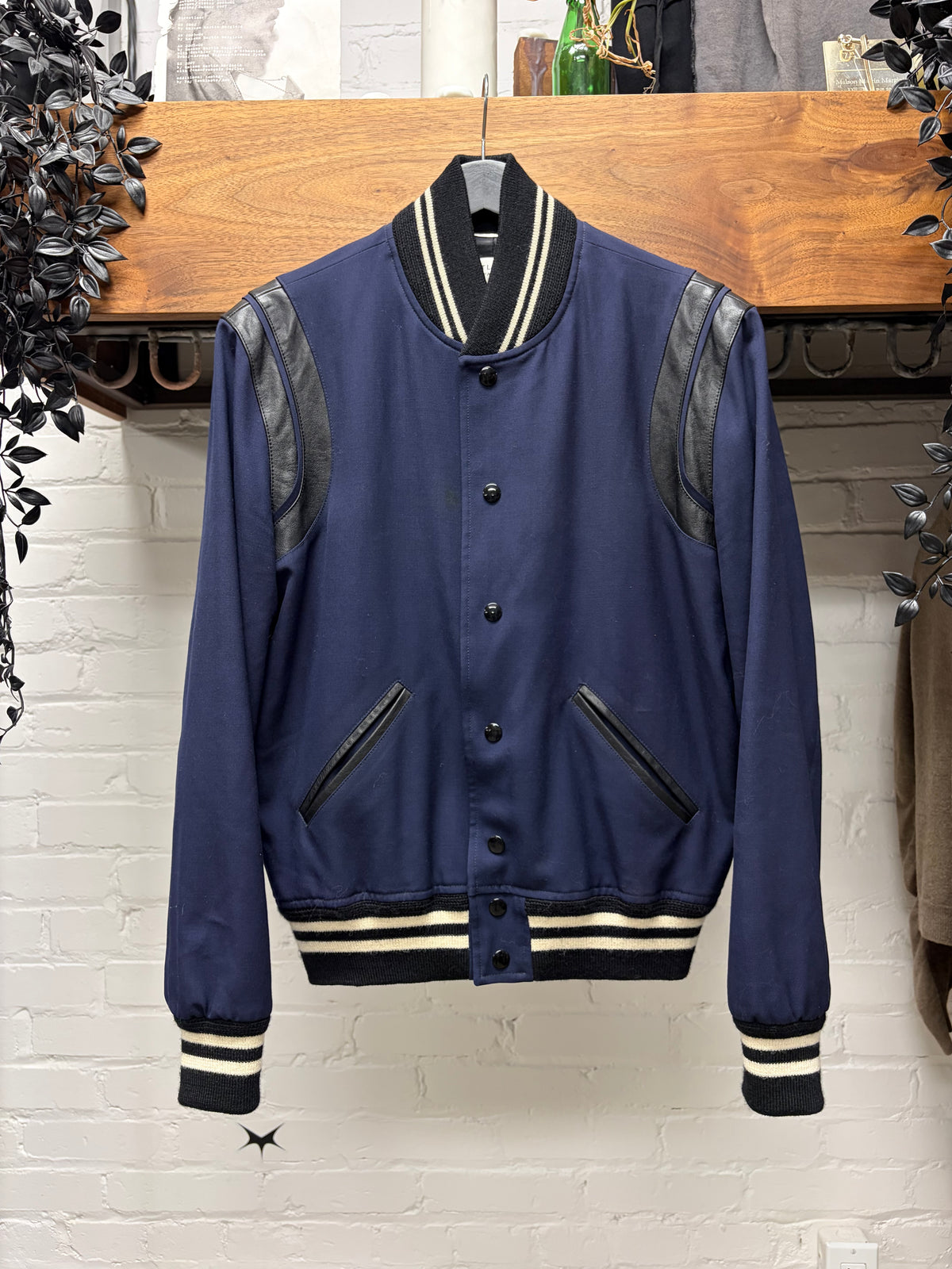 2015 Saint Laurent by Hedi Slimane Navy/Black Cotton/Leather Teddy Bomber Jacket