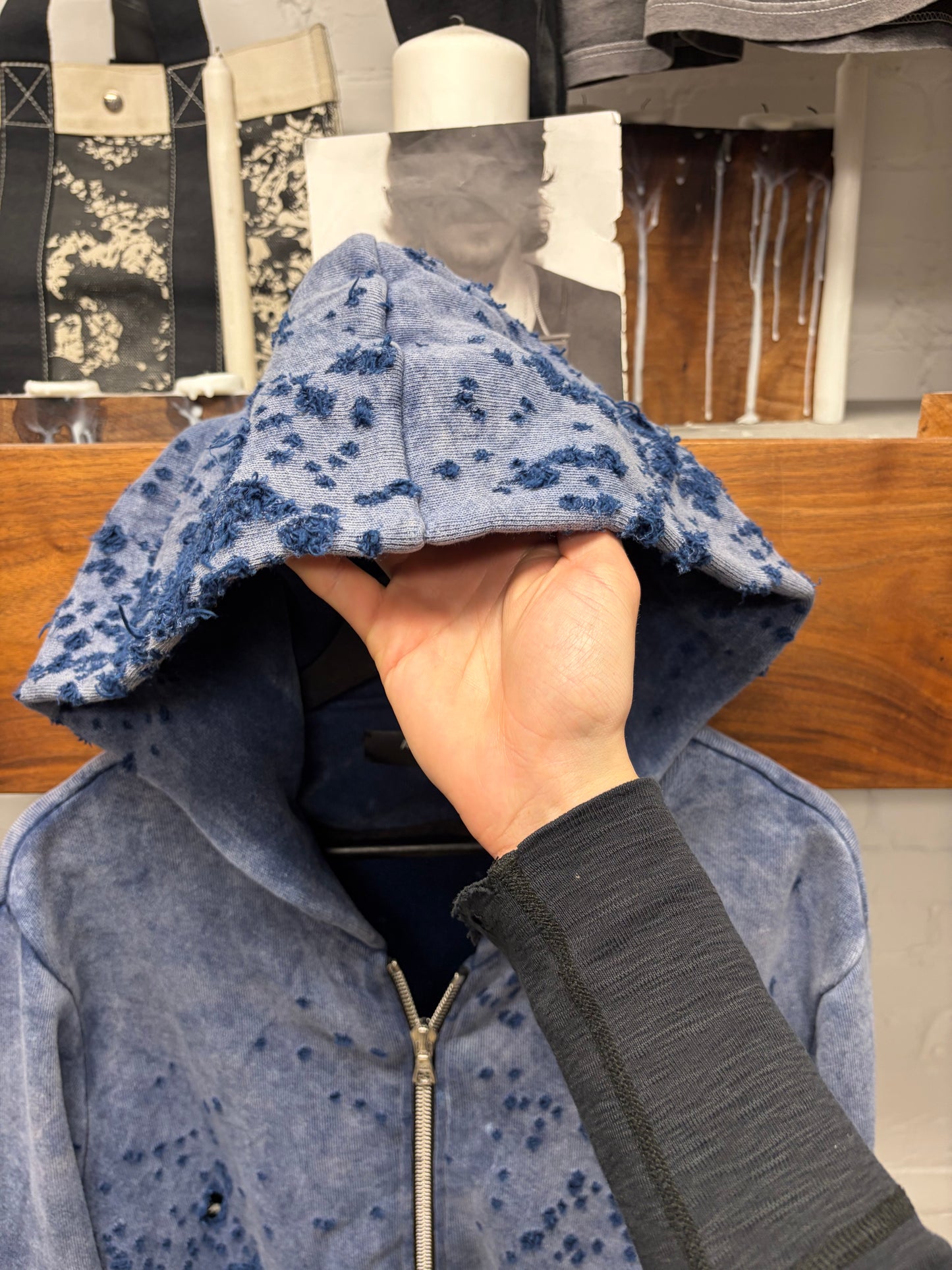 Amiri Shotgun Distressed Blue Cashmere Zip-Up Hoodie