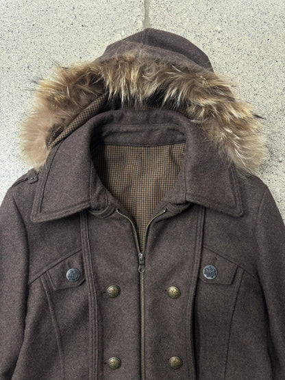 PPFM Fur Trim Napoleon Brown Wool Zip Coat