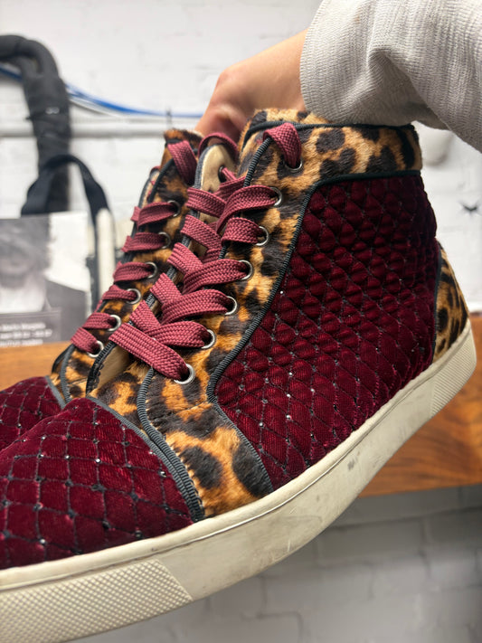 Christian Louboutin Leopard Pony Hair/ Red Velour High Top Sneakers