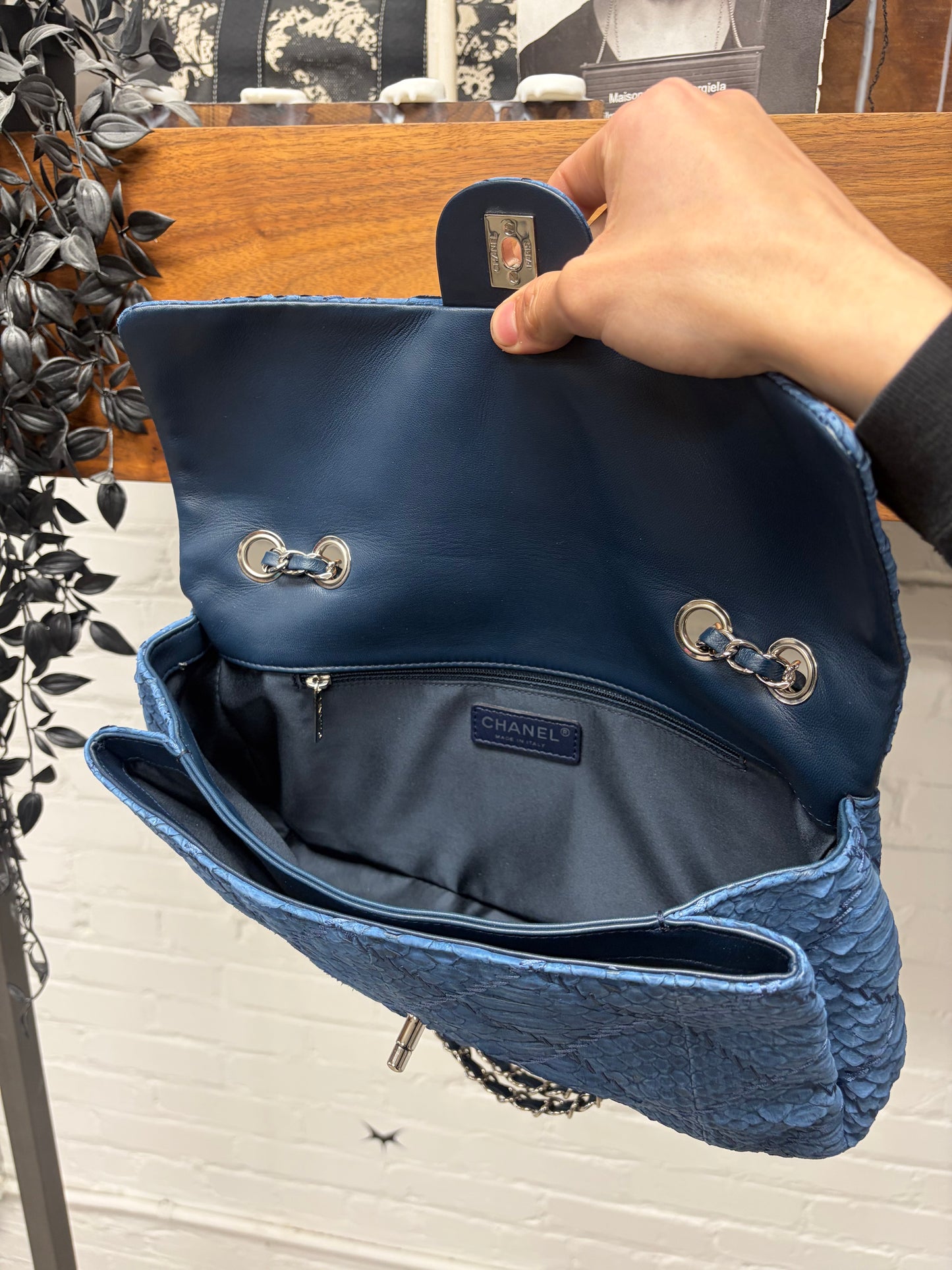 Chanel Blue Python Leather Classic ‘Flap Bag’ with Silver Hardware
