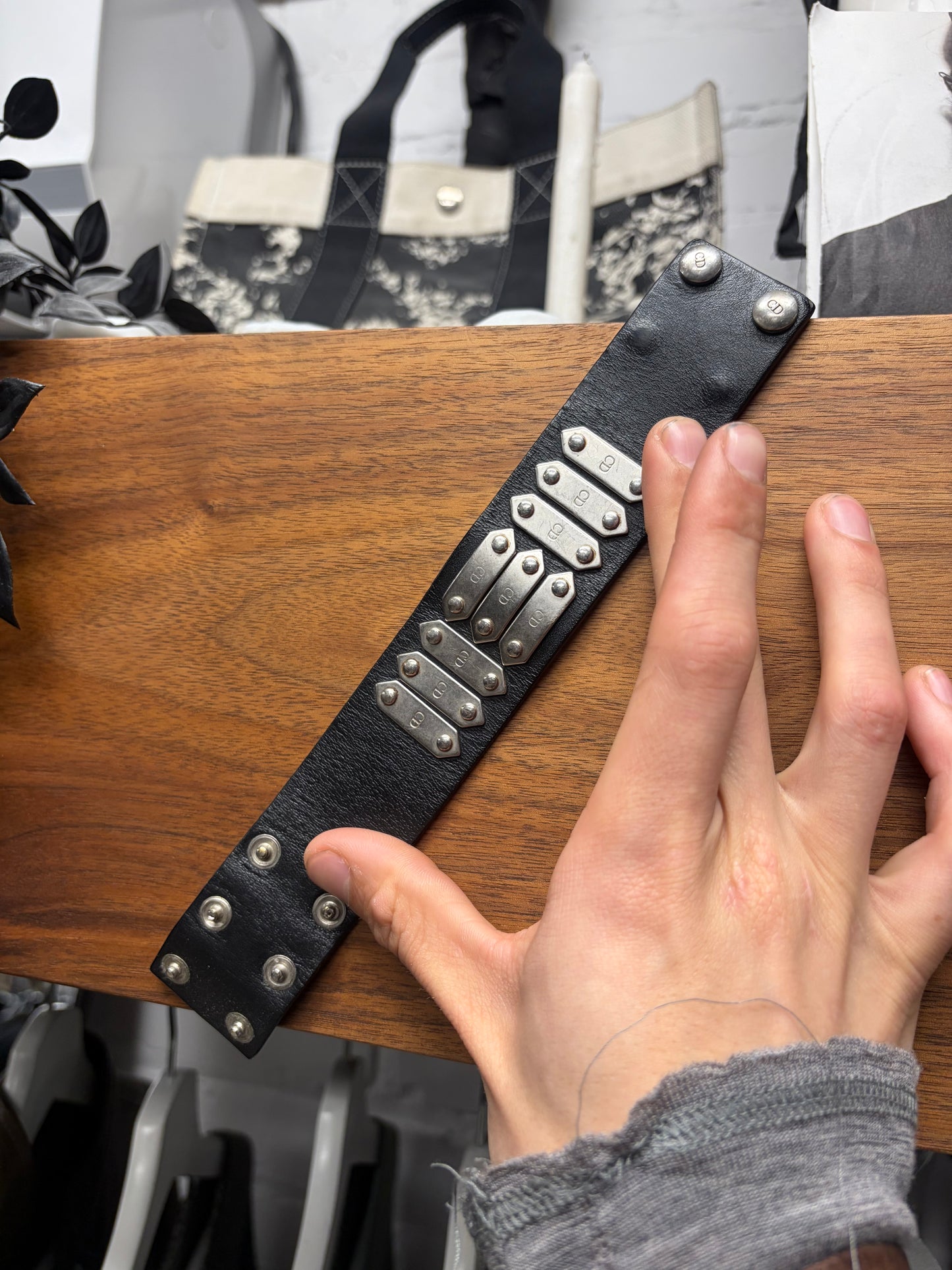 SS2004 Dior Homme by Hedi Slimane ‘Strip’ Studded Black/Silver Leather Bracelet