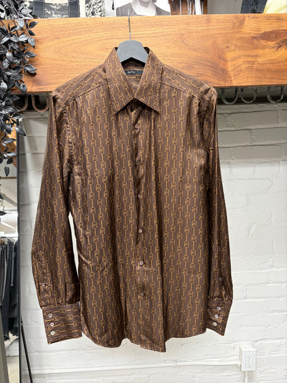 Vintage Gucci ‘Horsebit Pattern’ Brown/Gold Silk Button Up Shirt
