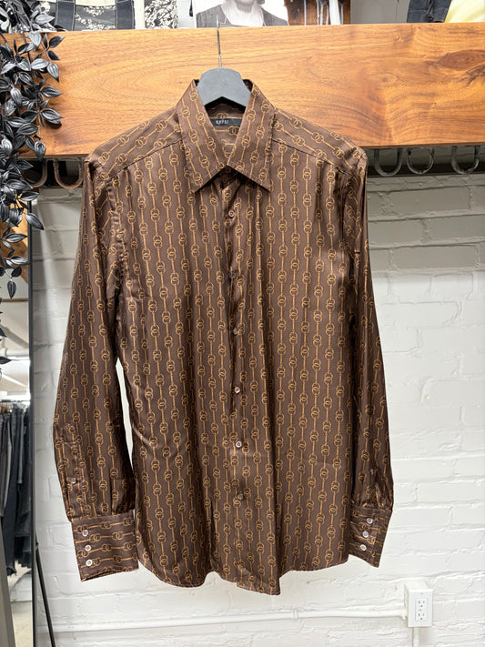 Vintage Gucci ‘Horsebit Pattern’ Brown/Gold Silk Button Up Shirt