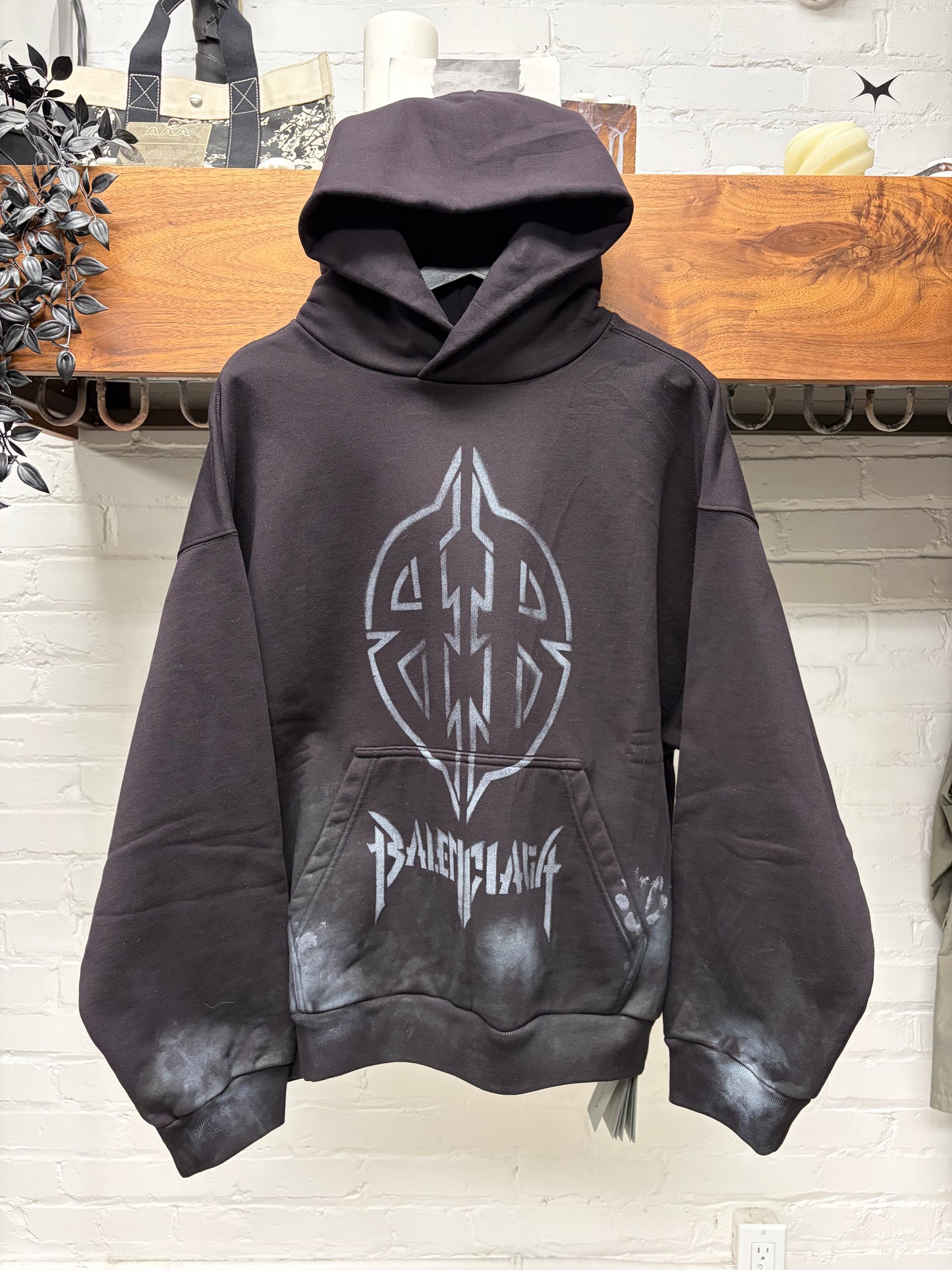AW2024 Balenciaga ‘Metal Logo’ Stencil Paint Distressed Black Pullover Hoodie