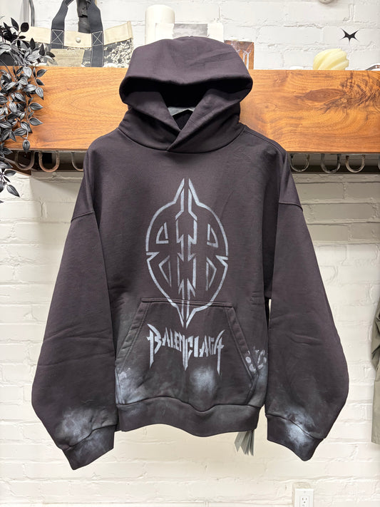 AW2024 Balenciaga ‘Metal Logo’ Stencil Paint Distressed Black Pullover Hoodie