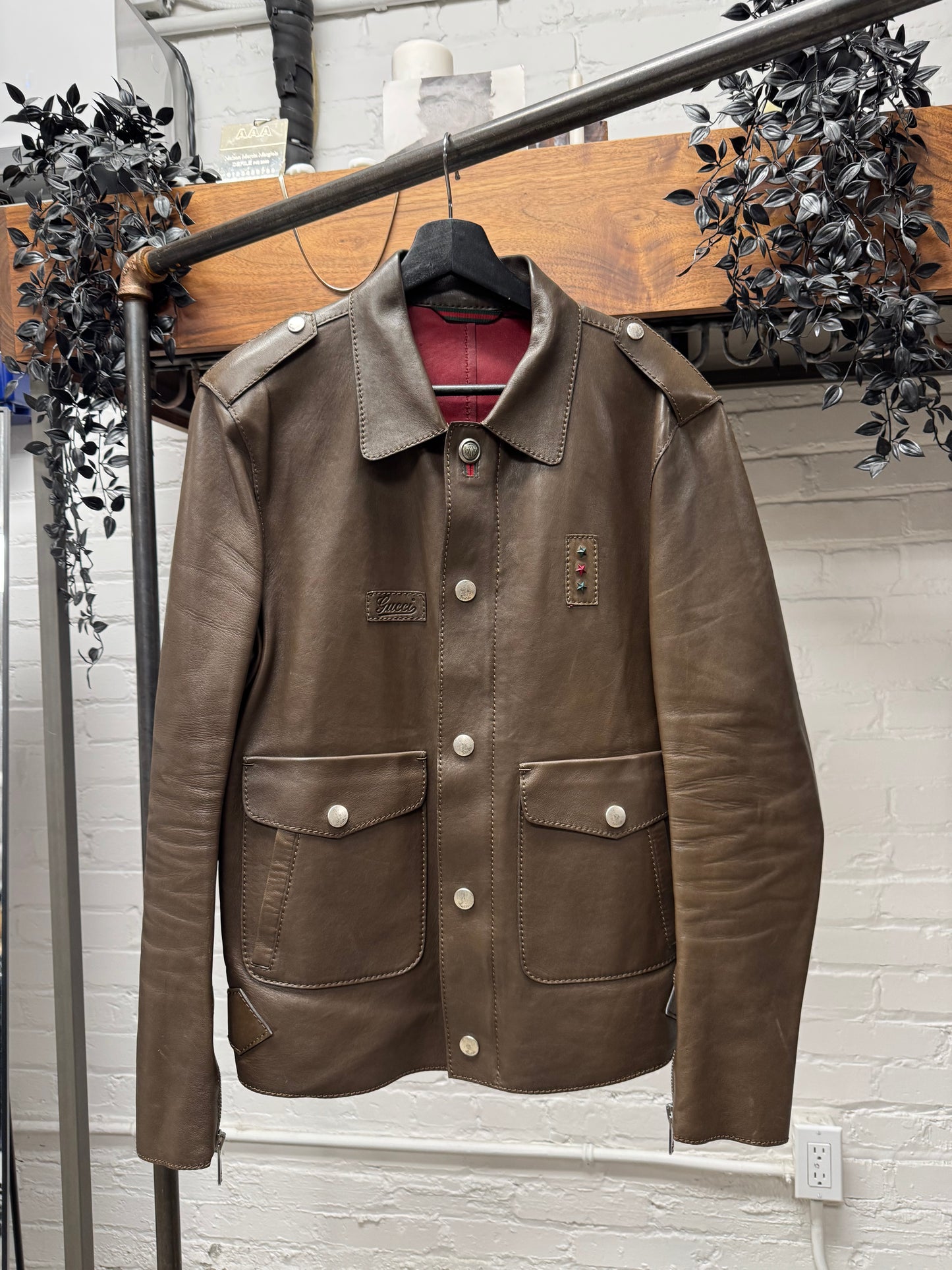 Gucci by Tom Ford Military Inspired Brown Lambskin Leather Field Jacket