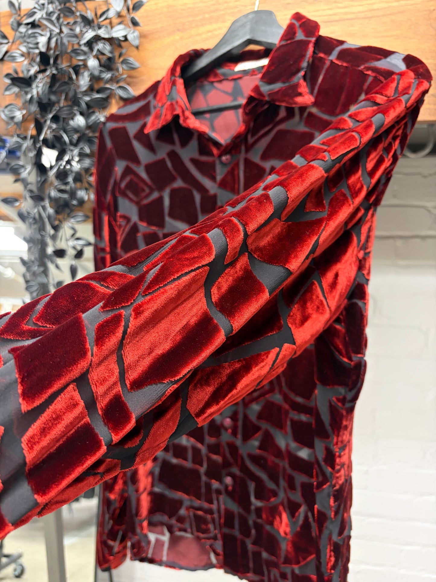 Vintage Gianni Versace Sheer Mesh/Red Velvet Geometric Panelled Button Up Shirt