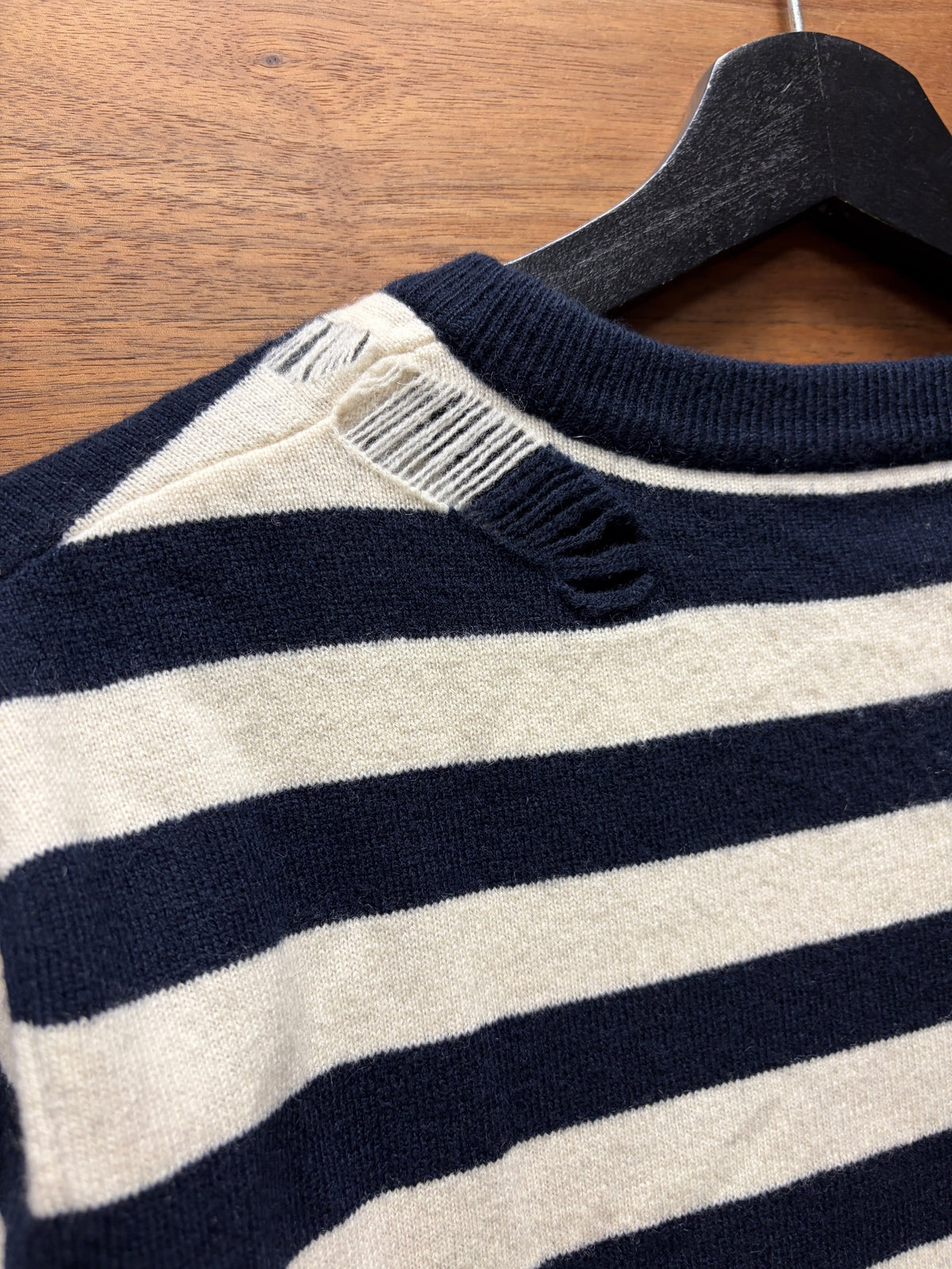 2016 Saint Laurent by Hedi Slimane Distressed Cashmere Navy/White Knit Sweater