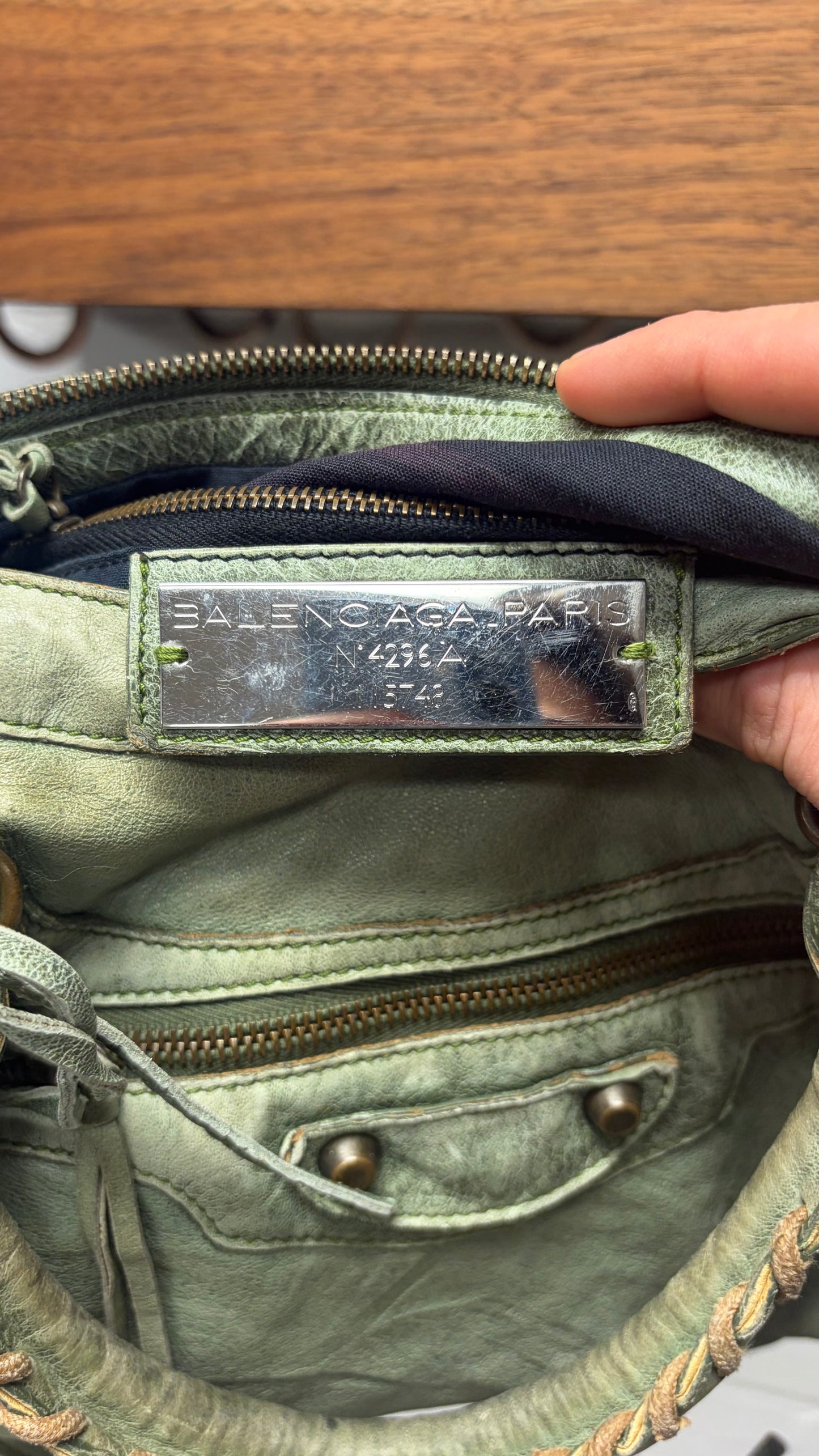 Balenciaga Mossy Green Chèvre ‘City Bag’ with Crossbody Strap