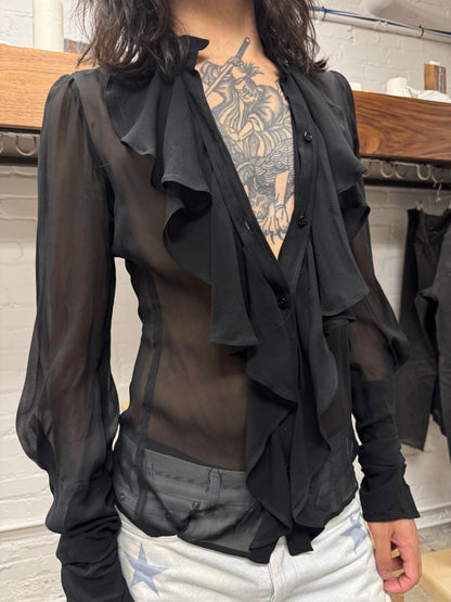 Vintage Yves Saint Laurent Rive Gauche ‘Chiffron Ruffled’ Sheer Blouse