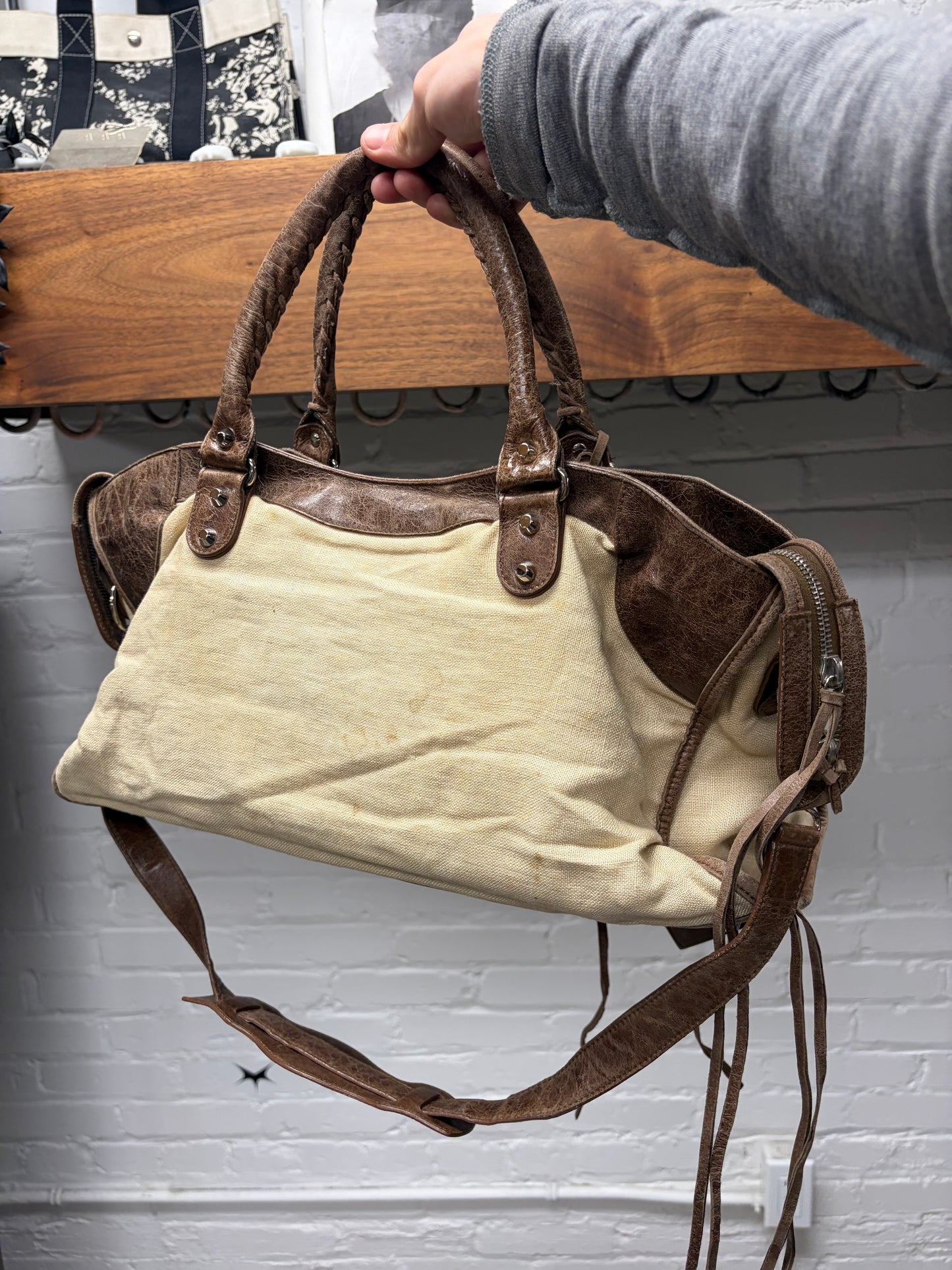 Balenciaga Brown Natural Linen/Leather ‘City Bag’ With Crossbody Strap