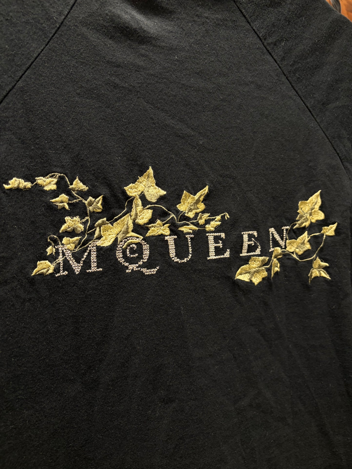 90s Alexander McQueen Cross Embroidered ‘Garden Logo’ Black T-Shirt