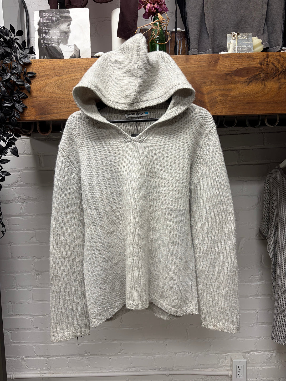 2000s Saint Laurent Cream Knit Pullover Hoodie with Relaxed Collar Shape