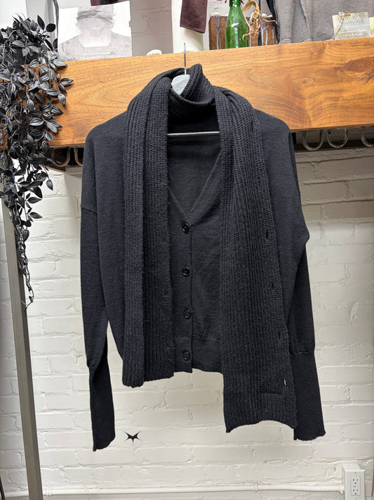 2022 Maison Margiela ‘Scarf Wrapped’ Ribbed Black Knit Cardigan