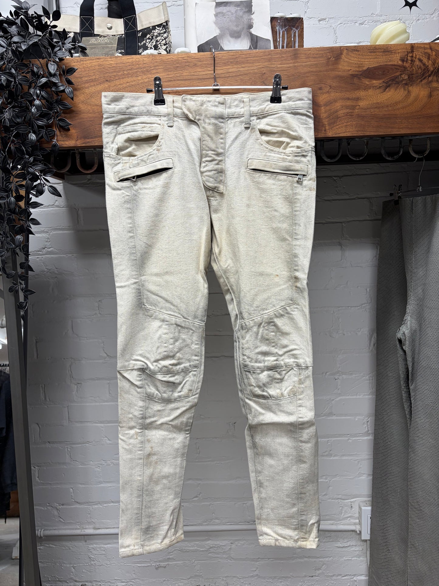 Balmain ‘Dirty White’ Biker Knee Skinny Jeans
