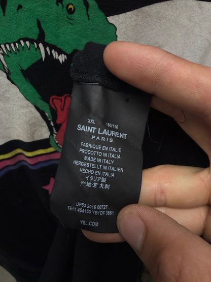 SS2016 Saint Laurent ‘Surf Sound’ T-Rex Striped Black Graphic T-Shirt