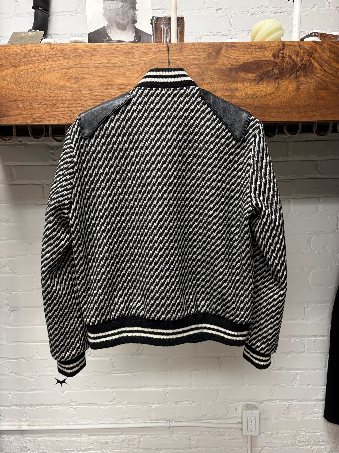 AW2018 Saint Laurent Houndstooth Black/White ‘Teddy’ Varsity Jacket with Leather Accents