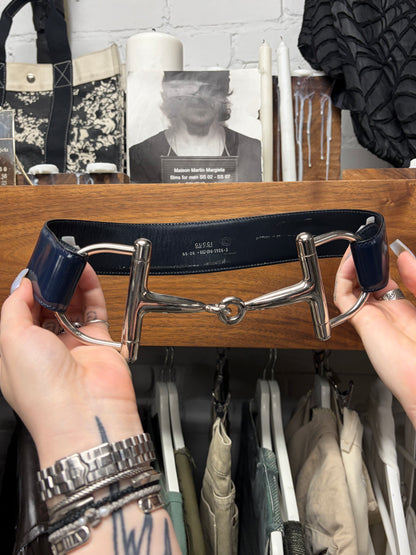 Gucci ‘Horsebit’ Blue Patent Leather Belt with Silver Buckle