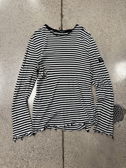 Balmain ‘Thrash Distressed’ Black/White Striped ‘Raw Hem’ Long Sleeve