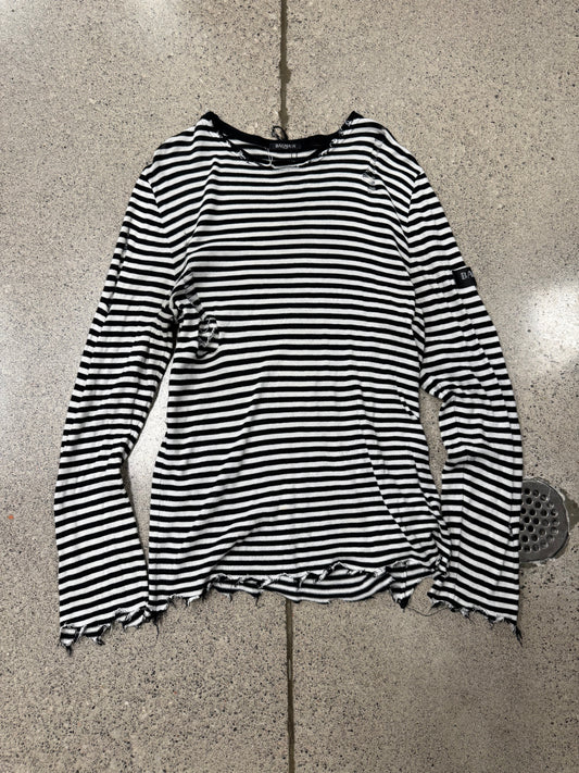 Balmain ‘Thrash Distressed’ Black/White Striped ‘Raw Hem’ Long Sleeve