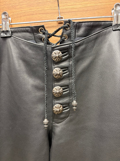 Chrome Hearts Black Leather Fleur Knee Pants with Lace Back Detailing