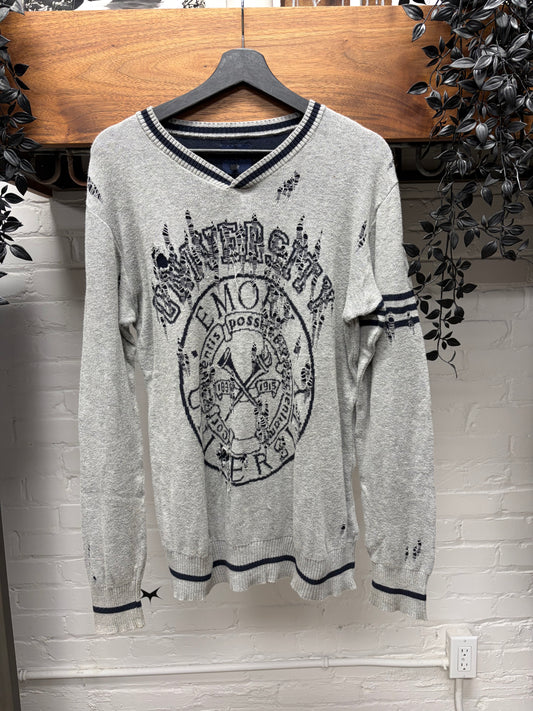 Mihara Yasuhiro Collegiate Grey Distressed Knit Sweater