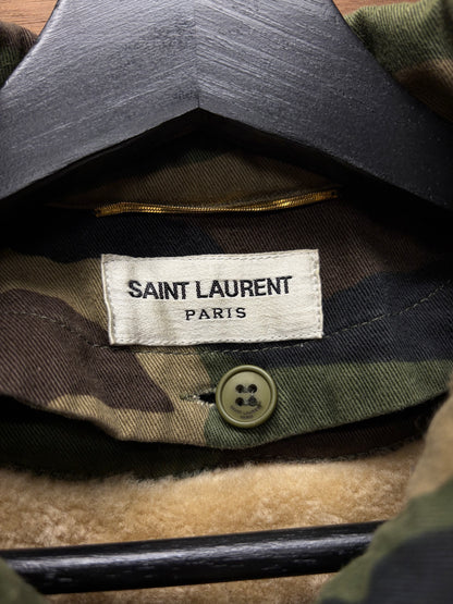 2019 Saint Laurent Studded Military Camo Jacket with Shearling Liner