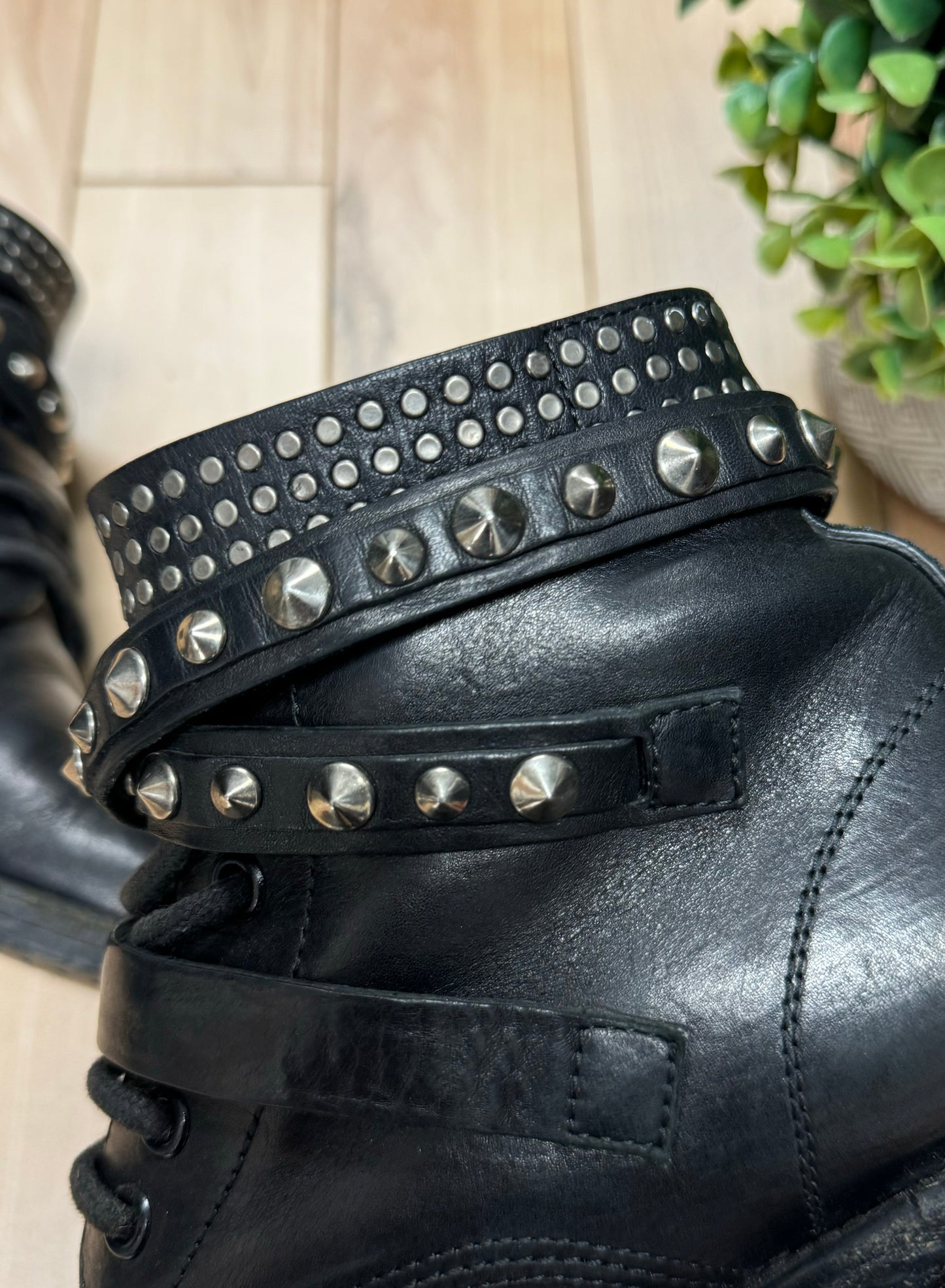 Saint Laurent Ranger Studded Black Leather Combat Ankle Boots