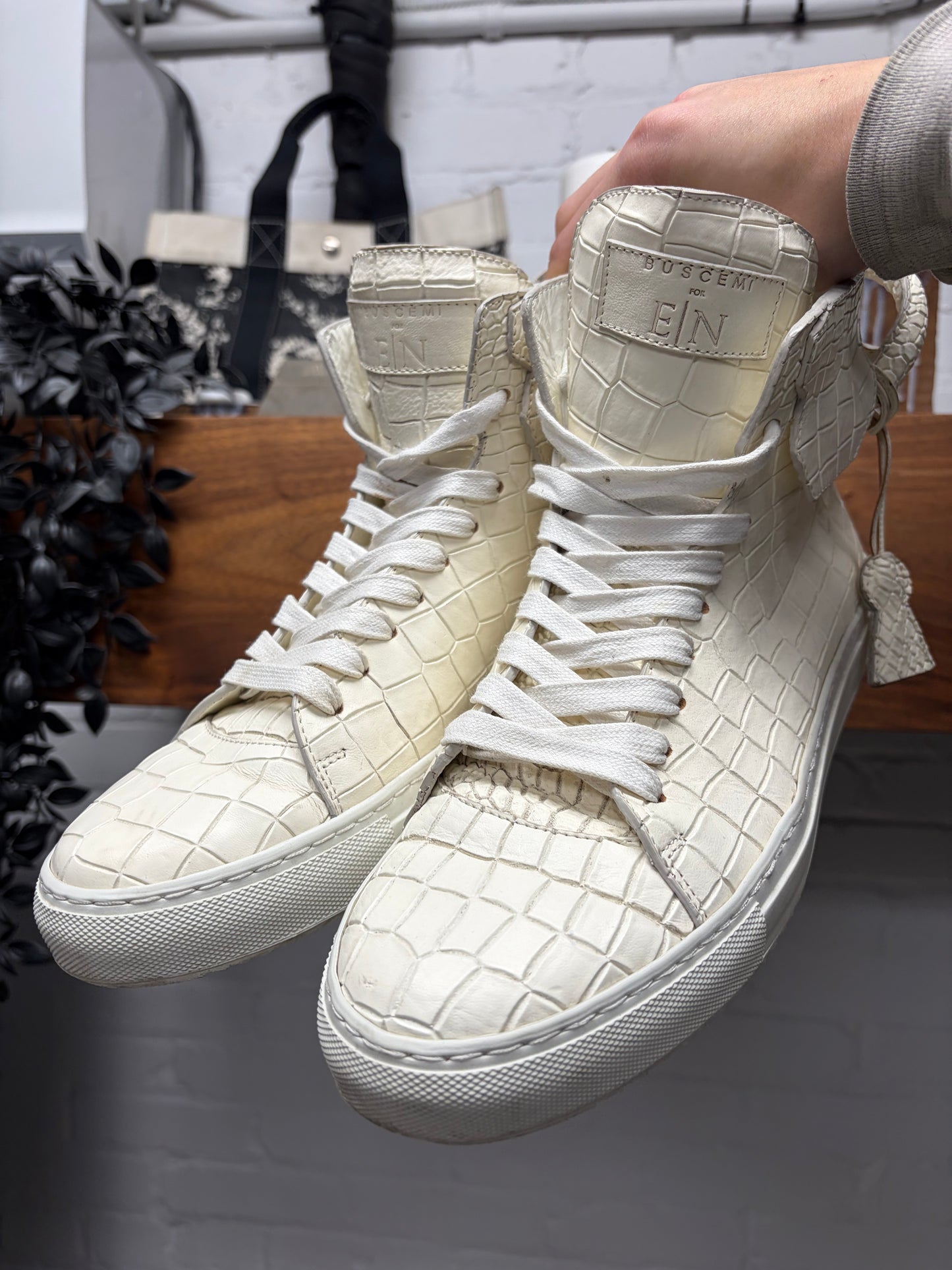 Buscemi x En Noir Croc Embossed Cream White Leather High Top Sneakers