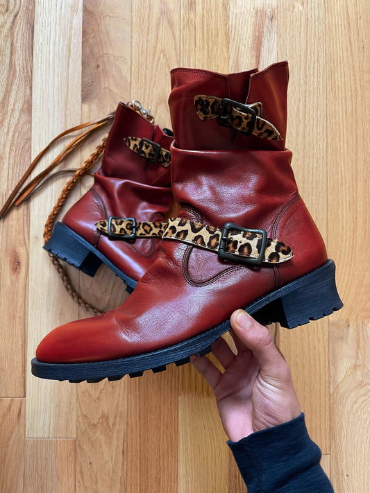 Civarize Leopard Strap Oxblood Red Leather Boots