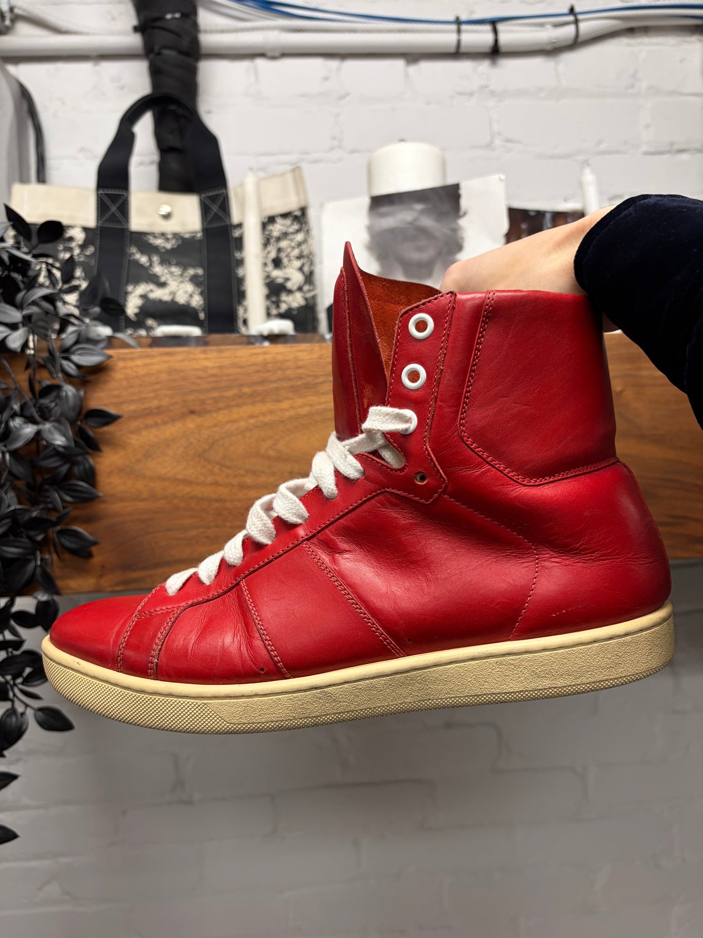 Saint Laurent SL/03 Red/White Leather Court High Top Sneakers