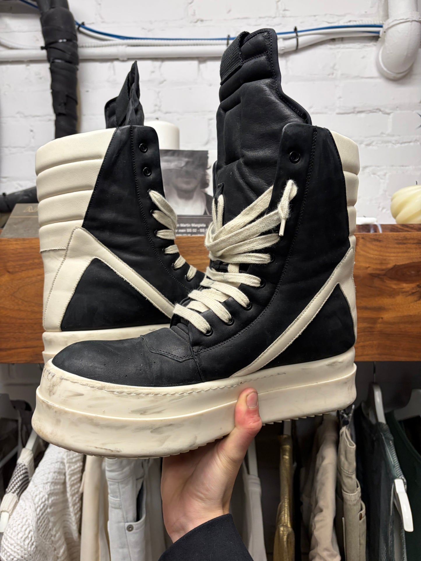AW2024 Rick Owens ‘Mega Bumper’ Geobasket Black/Milk Leather High Top Sneakers