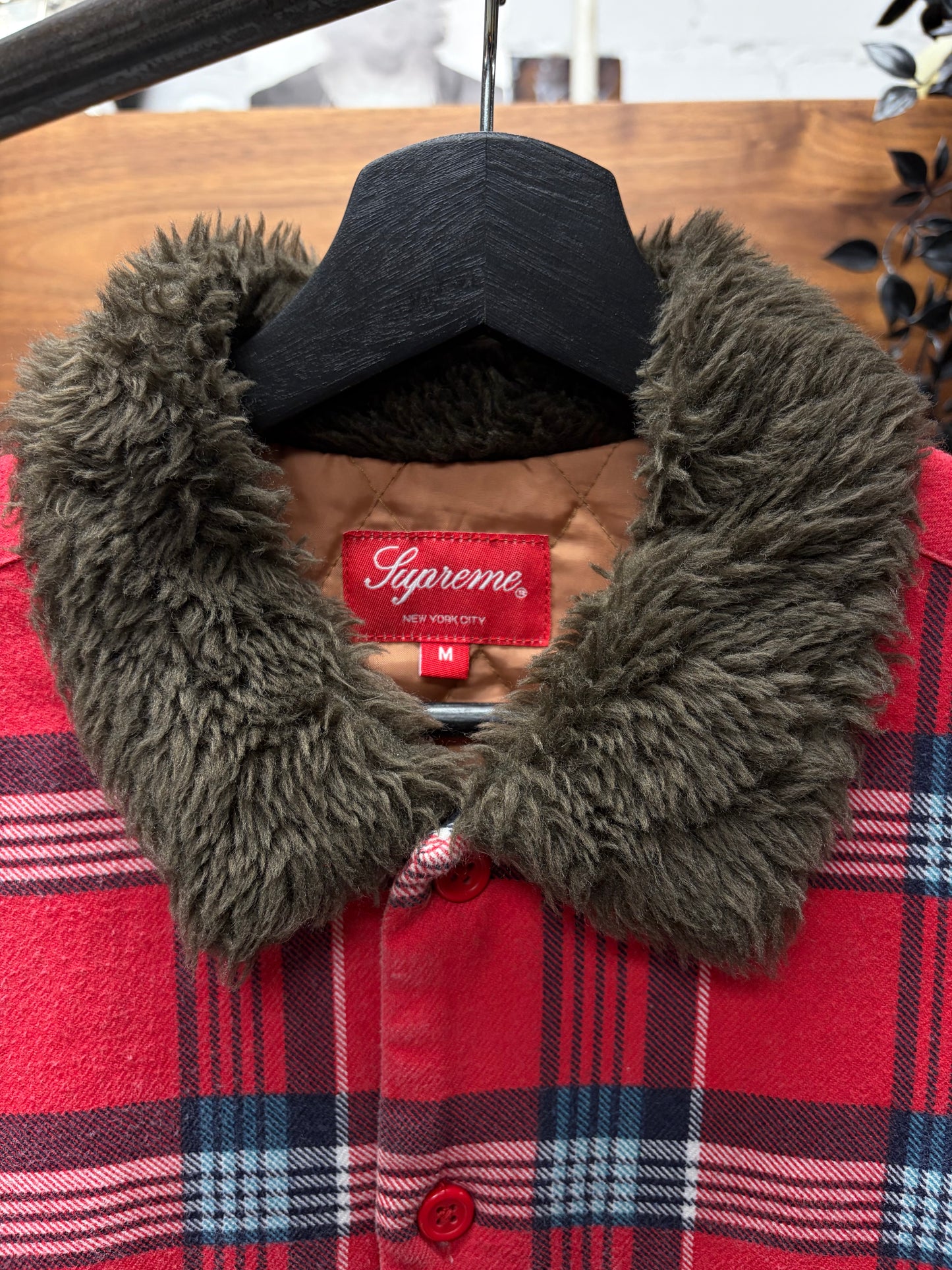 2021 Supreme Quilted Plaid Red Faux Fur Collar Work-Shirt