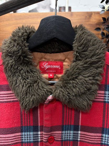 2021 Supreme Quilted Plaid Red Faux Fur Collar Work-Shirt