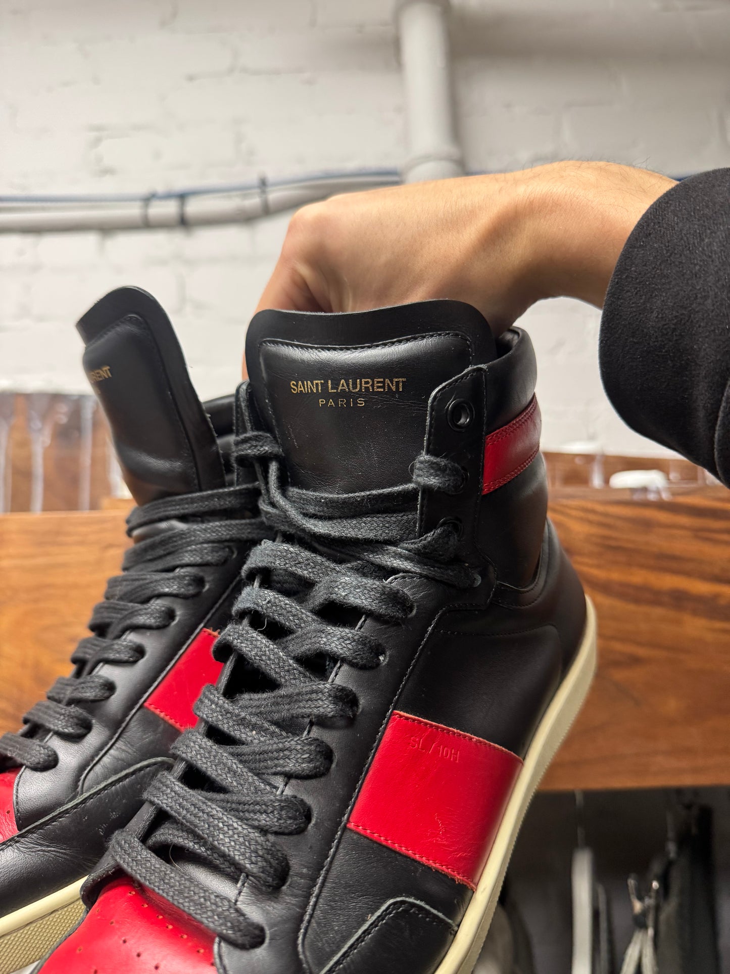 Saint Laurent SL/01 Court Red/Black Leather High Top Sneakers
