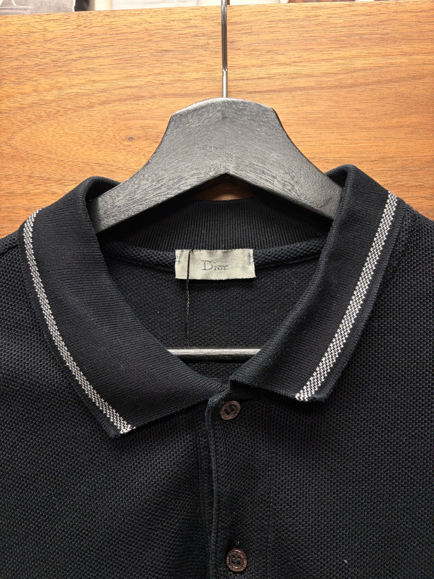 Dior Homme Contrast Stitch Perforated Black Cotton Polo